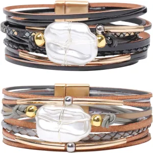 2pcs Leather Bracelets for Women Men,Boho Multi-layer Wrap Pearl Cuff Bracelets Stackable Fashion Jewelry