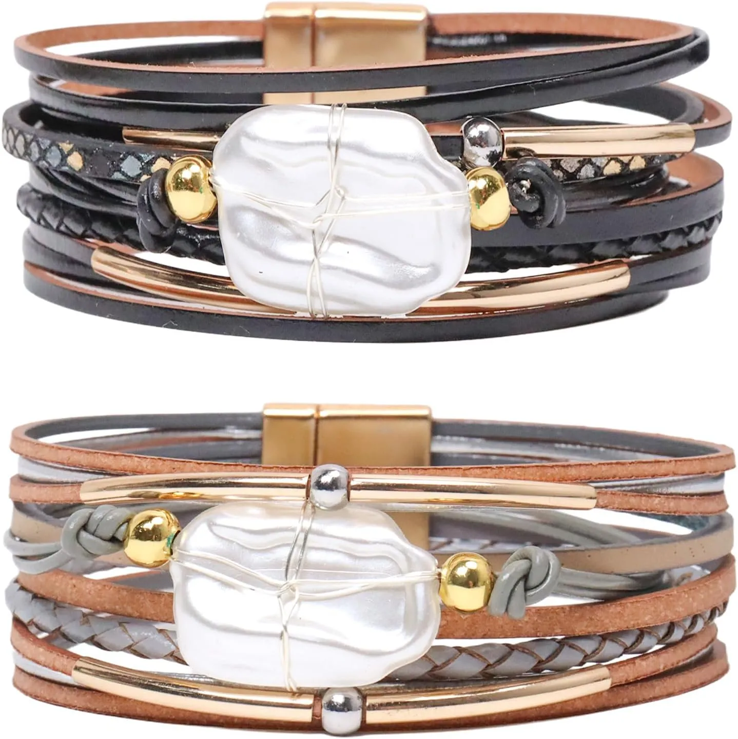 2pcs Leather Bracelets for Women Men,Boho Multi-layer Wrap Pearl Cuff Bracelets Stackable Fashion Jewelry