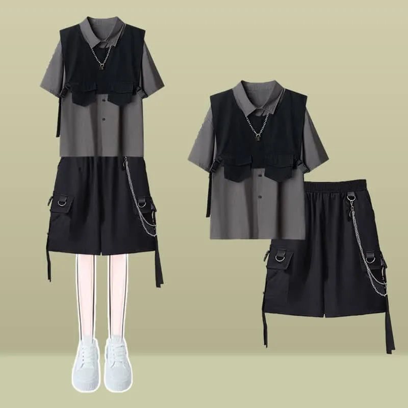 Black Buckle Pocket Vest T-Shirt Chain Cargo Shorts Pants