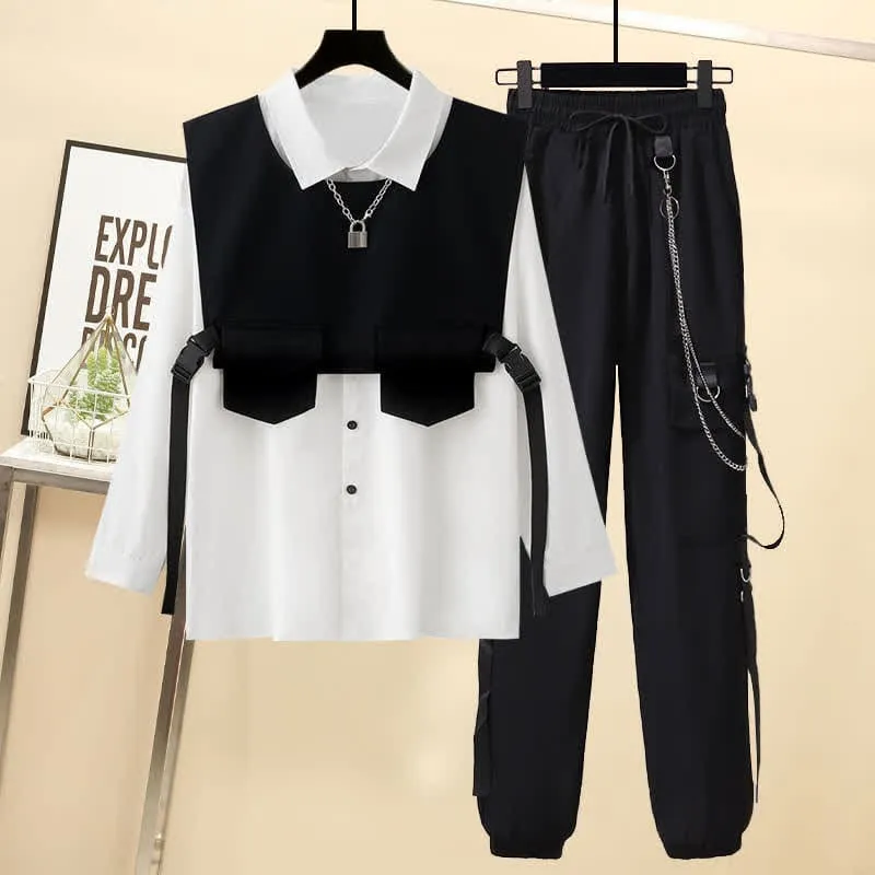Black Buckle Pocket Vest T-Shirt Chain Cargo Shorts Pants