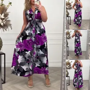 Blommönstrad Ärmlös Plisserad Elegant Klänning