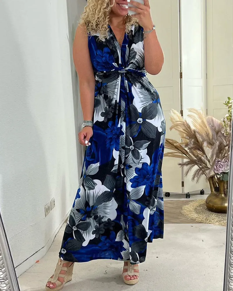 Blommönstrad Ärmlös Plisserad Elegant Klänning