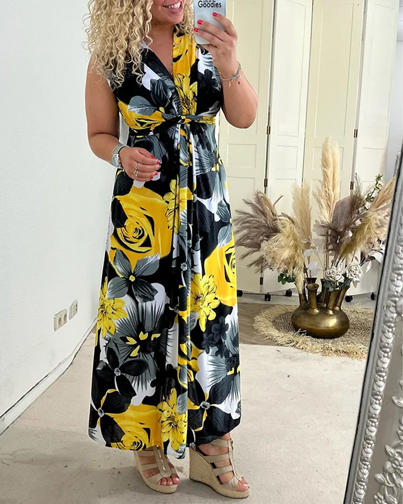 Blommönstrad Ärmlös Plisserad Elegant Klänning