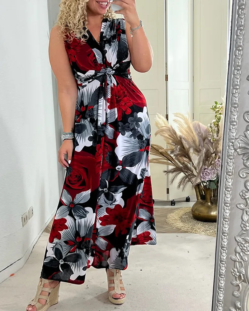 Blommönstrad Ärmlös Plisserad Elegant Klänning