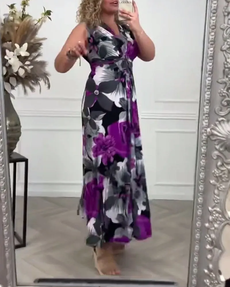 Blommönstrad Ärmlös Plisserad Elegant Klänning