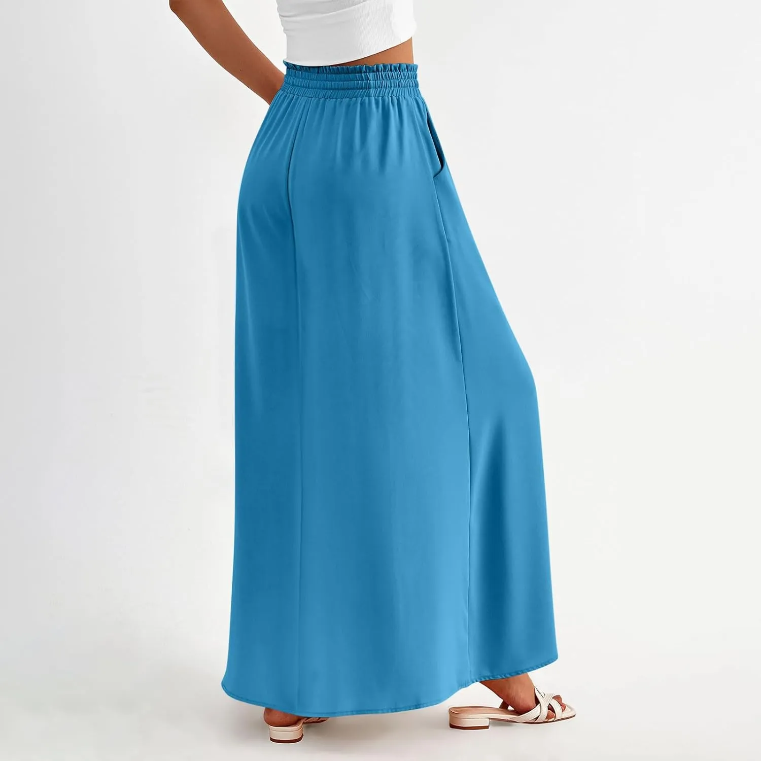Boho Skirts for Women Casual Smocked Elastic High Waist Tie Long Maxi Skirt Summer Comfy Flowy Dress with Pockets