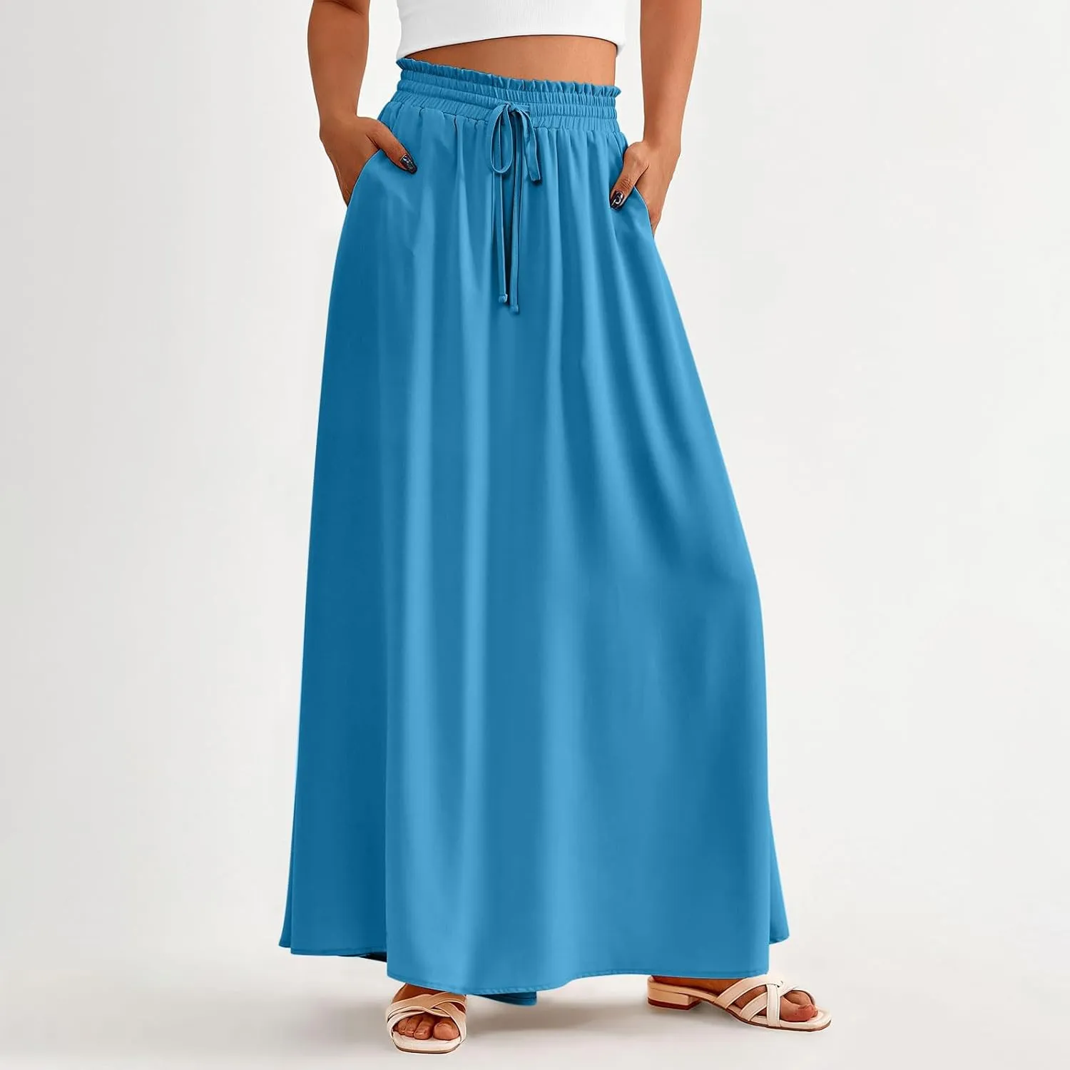Boho Skirts for Women Casual Smocked Elastic High Waist Tie Long Maxi Skirt Summer Comfy Flowy Dress with Pockets