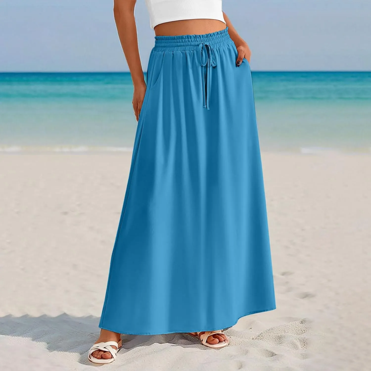 Boho Skirts for Women Casual Smocked Elastic High Waist Tie Long Maxi Skirt Summer Comfy Flowy Dress with Pockets