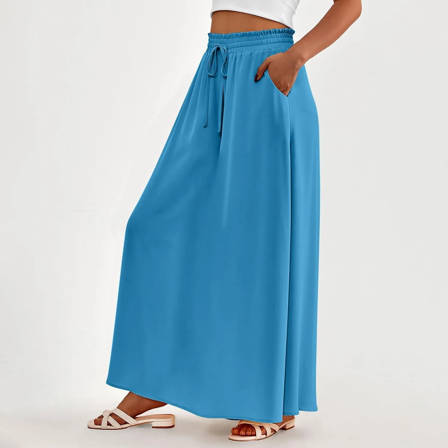 Boho Skirts for Women Casual Smocked Elastic High Waist Tie Long Maxi Skirt Summer Comfy Flowy Dress with Pockets