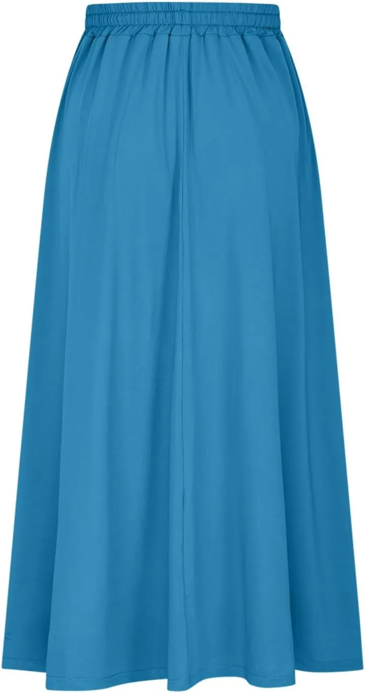 Boho Skirts for Women Casual Smocked Elastic High Waist Tie Long Maxi Skirt Summer Comfy Flowy Dress with Pockets