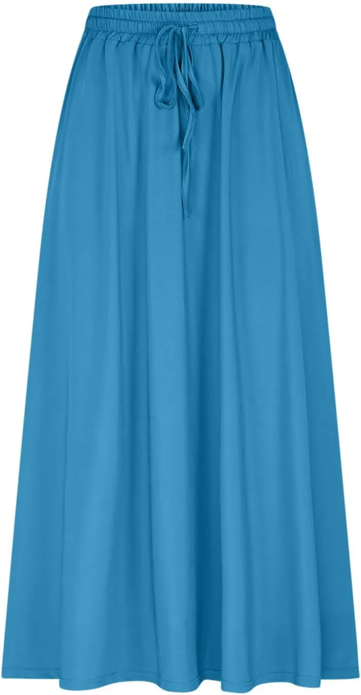 Boho Skirts for Women Casual Smocked Elastic High Waist Tie Long Maxi Skirt Summer Comfy Flowy Dress with Pockets