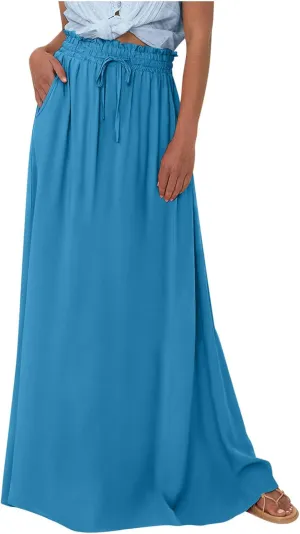 Boho Skirts for Women Casual Smocked Elastic High Waist Tie Long Maxi Skirt Summer Comfy Flowy Dress with Pockets
