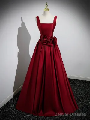 Burgundy Satin Long Prom Dress With Flowers, Elegant A-Line Party Dress