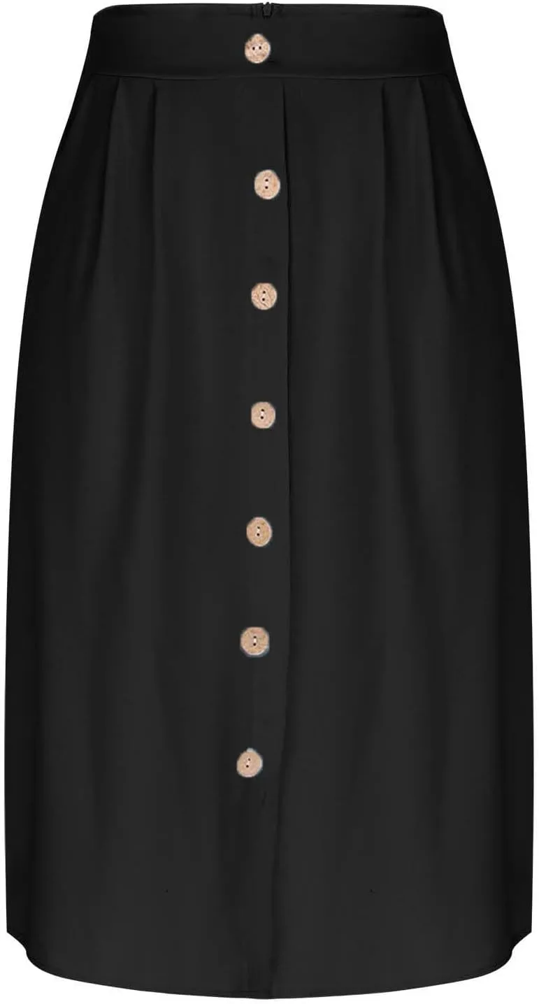 Button Down Skirt for Women Casual High Elastic Waist Pleated Linen A Line Skirts Summer Solid Swing Short Skirt