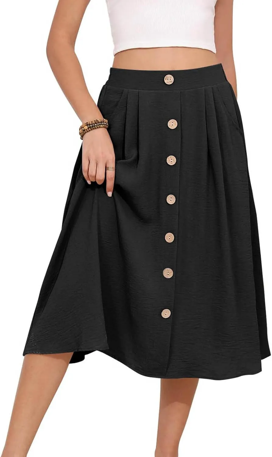 Button Down Skirt for Women Casual High Elastic Waist Pleated Linen A Line Skirts Summer Solid Swing Short Skirt