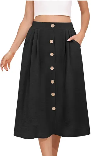Button Down Skirt for Women Casual High Elastic Waist Pleated Linen A Line Skirts Summer Solid Swing Short Skirt
