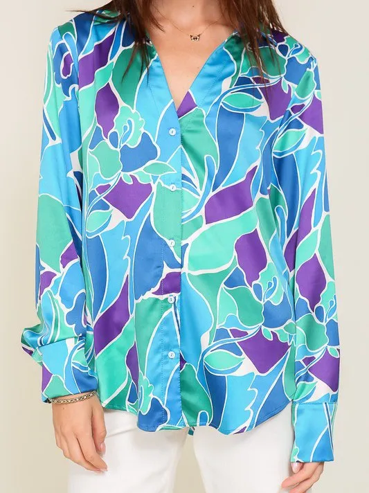 Captivating Style Retro Print Satin Blouse