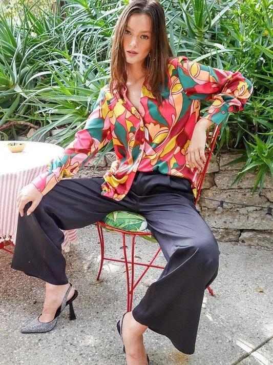 Captivating Style Retro Print Satin Blouse