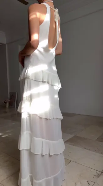 Casual V Neck Chiffon Ruffle Prom Dress Backless Long Formal Dresses