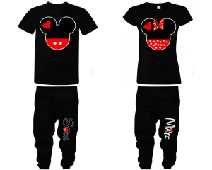 Charming Mouse Duo Couple Matching T-Shirts & Jogger Pants – 4-Piece Set: Men’s and Women’s Styles Sold Separately