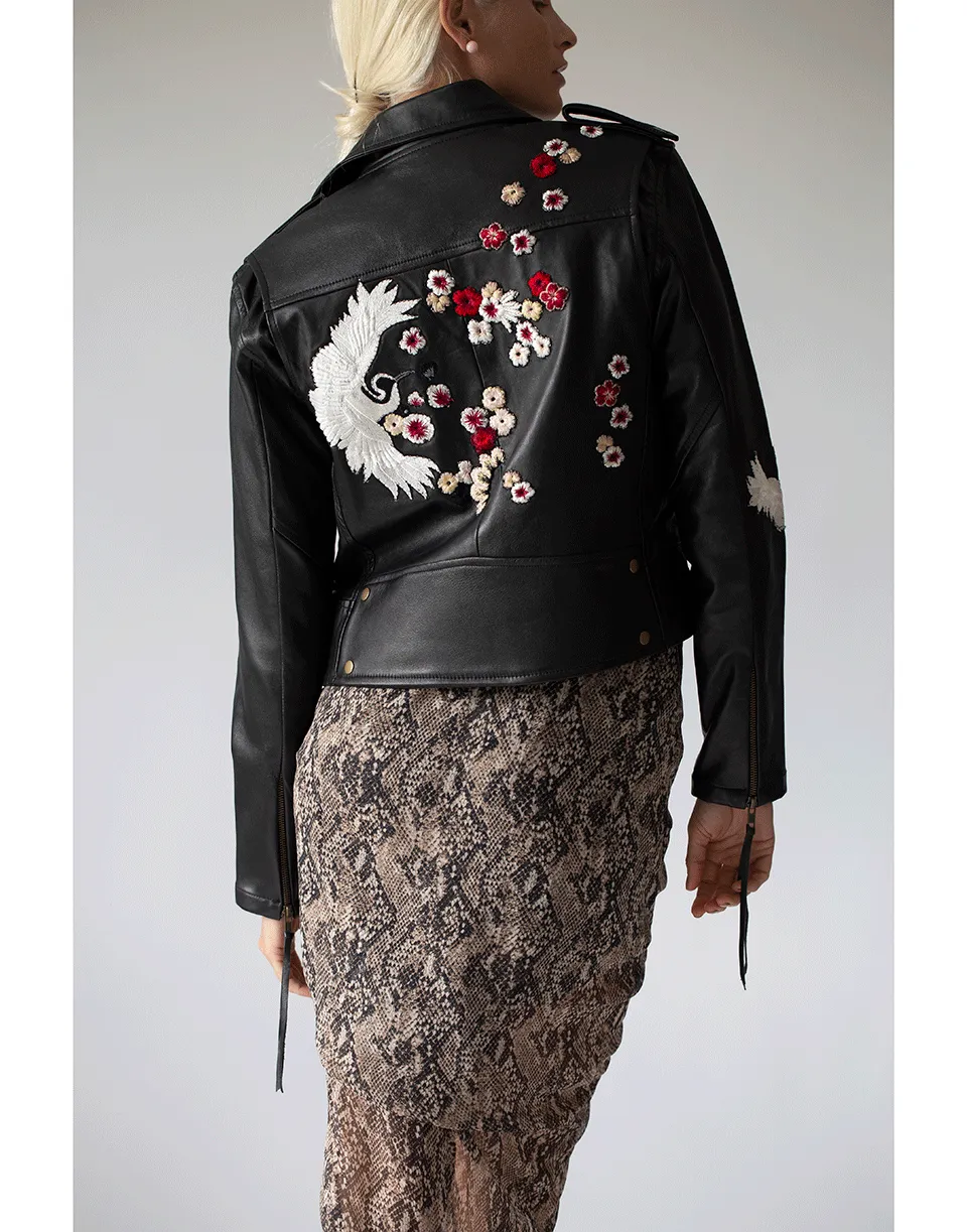 Crane and Cherry Blossom Leather Jacket