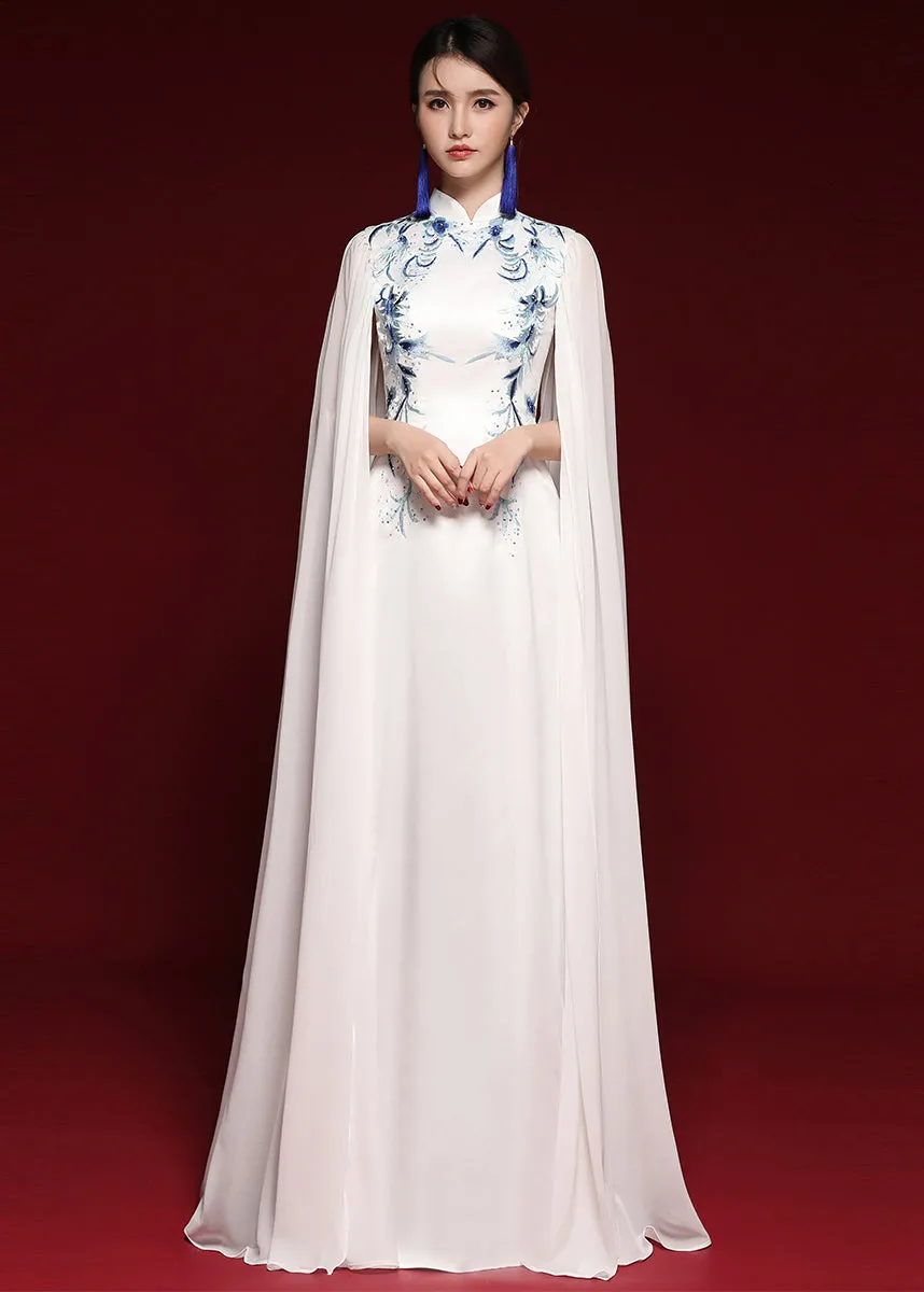 Elegant White Stand Collar Embroideried Patchwork Chiffon Maxi Dresses Fall ML1569
