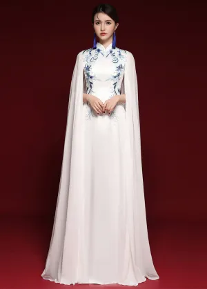 Elegant White Stand Collar Embroideried Patchwork Chiffon Maxi Dresses Fall ML1569