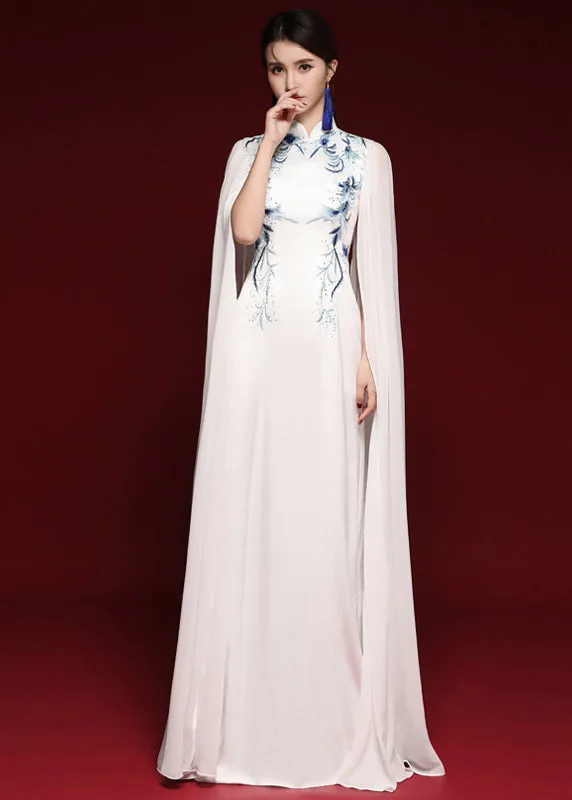 Elegant White Stand Collar Embroideried Patchwork Chiffon Maxi Dresses Fall ML1569
