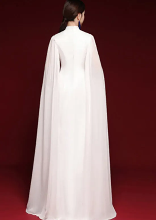Elegant White Stand Collar Embroideried Patchwork Chiffon Maxi Dresses Fall ML1569
