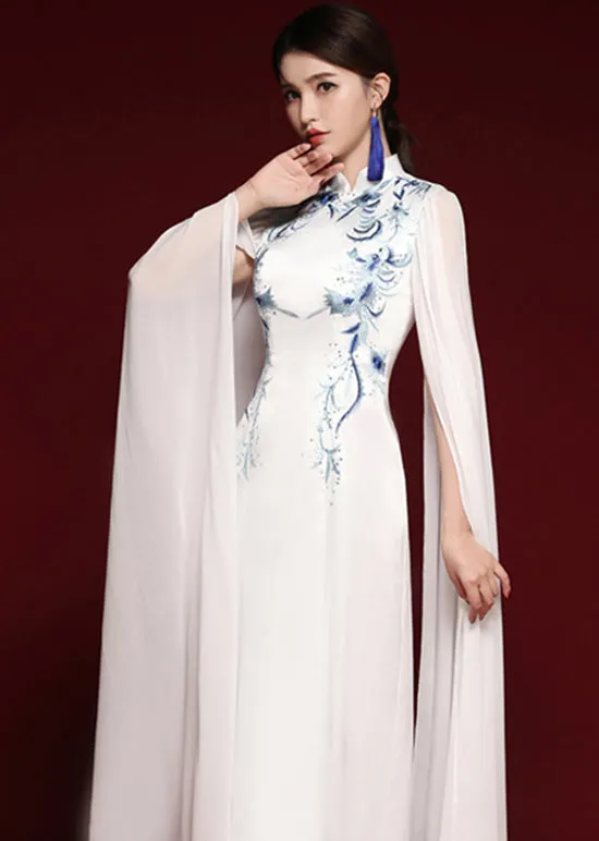 Elegant White Stand Collar Embroideried Patchwork Chiffon Maxi Dresses Fall ML1569