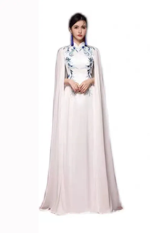 Elegant White Stand Collar Embroideried Patchwork Chiffon Maxi Dresses Fall ML1569