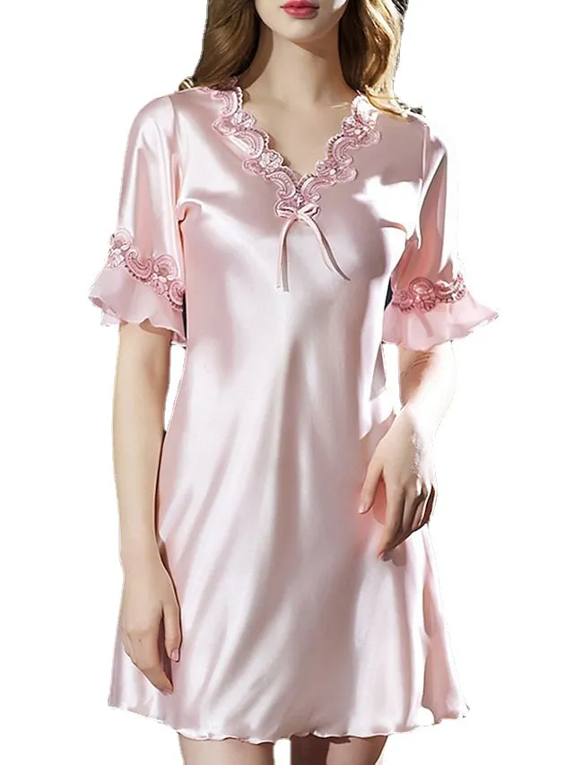 Elegant Women's Satin A-Line Mini Dress with Lace Bow, V-Neck, Solid Color for Home Lounge