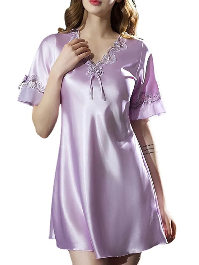 Elegant Women's Satin A-Line Mini Dress with Lace Bow, V-Neck, Solid Color for Home Lounge