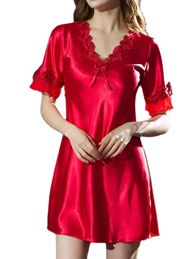 Elegant Women's Satin A-Line Mini Dress with Lace Bow, V-Neck, Solid Color for Home Lounge