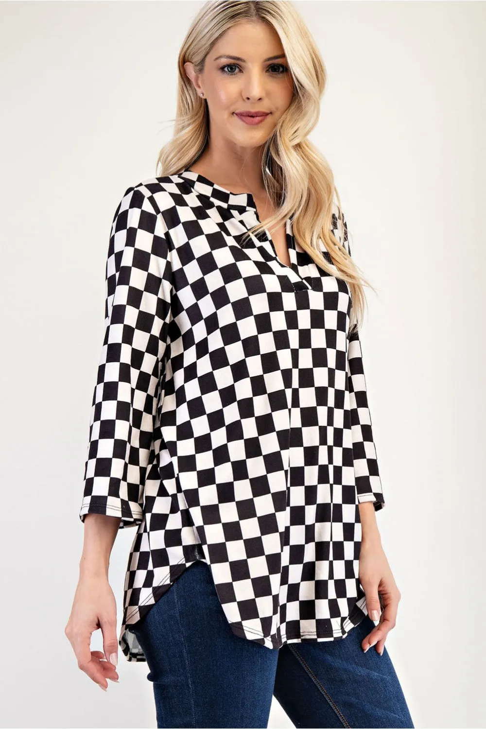 Full Size Curved Hem Checkered Notched Blouse