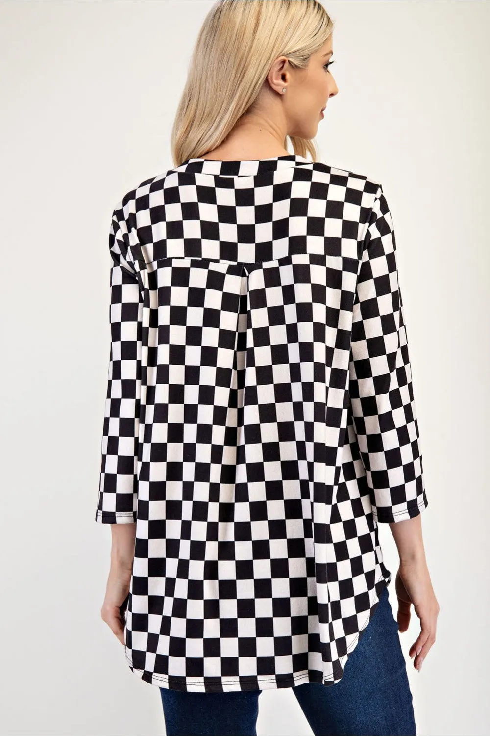 Full Size Curved Hem Checkered Notched Blouse