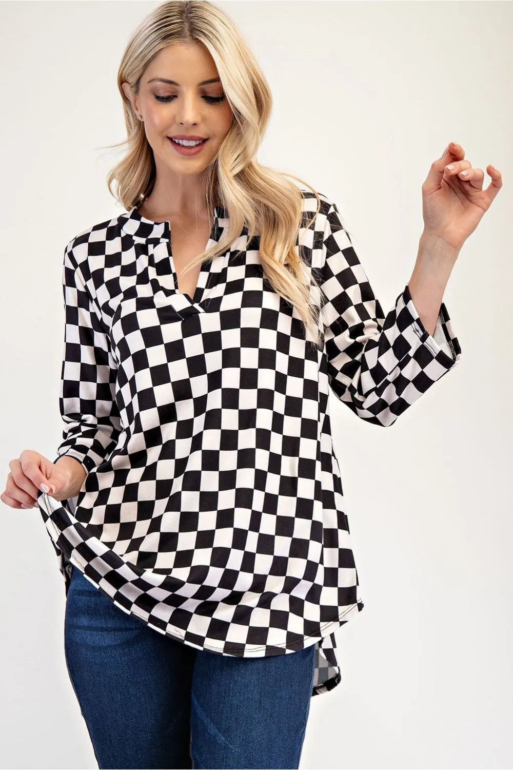 Full Size Curved Hem Checkered Notched Blouse