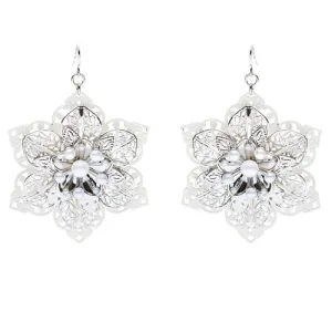 Glamorous Oversized Flower Layered Fashion Dangle Charm Earrings Silver