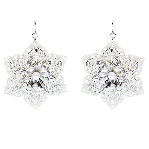 Glamorous Oversized Flower Layered Fashion Dangle Charm Earrings Silver