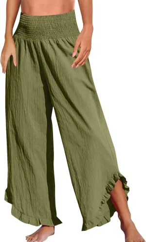 GOFULY Lined Pants Women Wide Leg Casual High Waisted Beach Pants with Pockets Elastic Waist Summer Elegant Solid Clothes