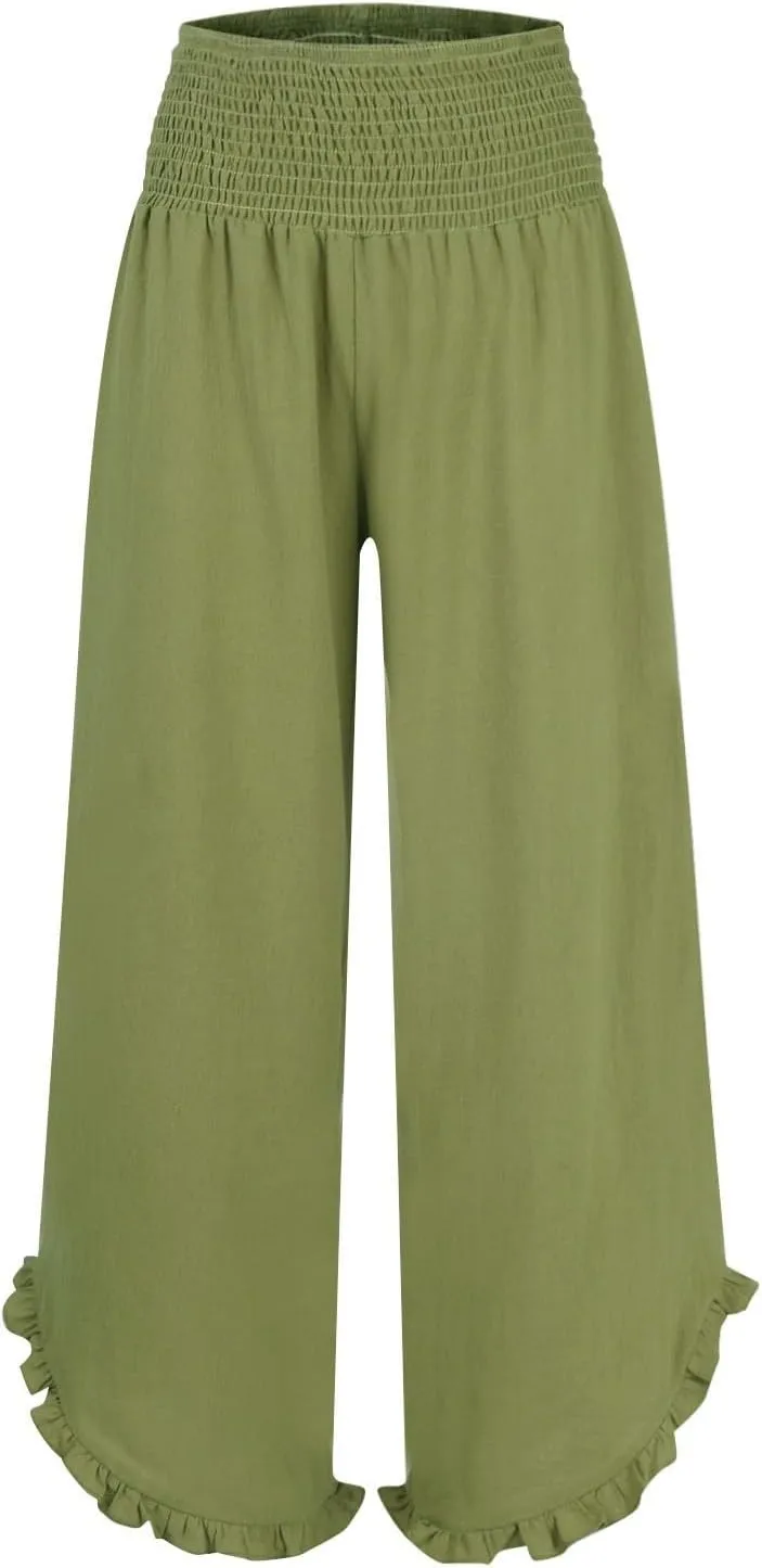 GOFULY Lined Pants Women Wide Leg Casual High Waisted Beach Pants with Pockets Elastic Waist Summer Elegant Solid Clothes