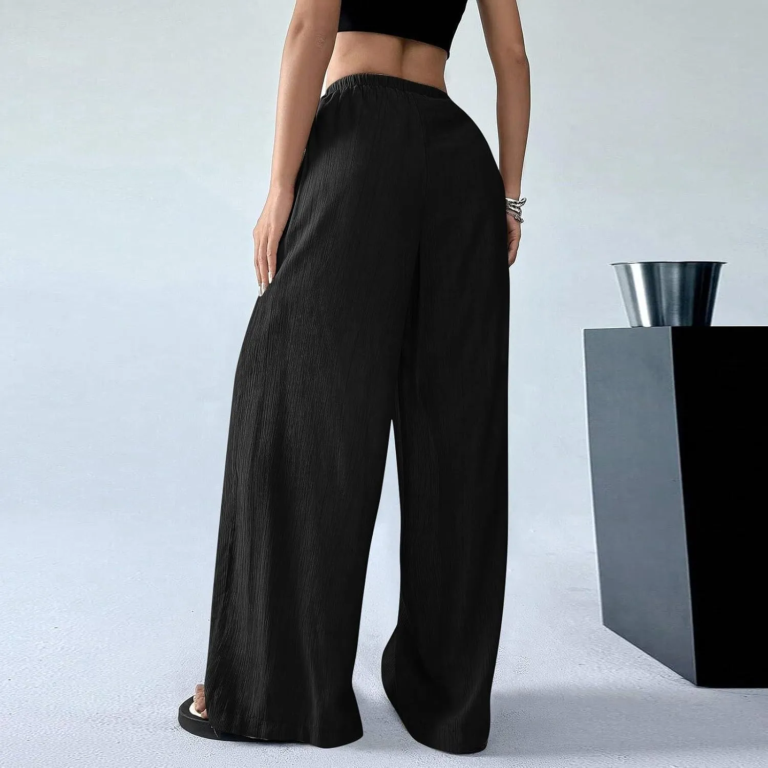 GOFULY Linen Palazzo Pants Women Wide Leg Trendy 2025 Pants High Waisted Drawstring Elastic Waist Summer Baggy Solid Trousers