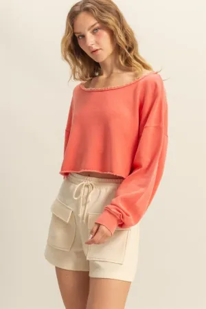 HYFVE Frayed Detail Boat Neck Long Sleeve Crop Top In Burnt Coral