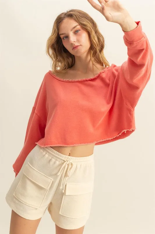 HYFVE Frayed Detail Boat Neck Long Sleeve Crop Top In Burnt Coral