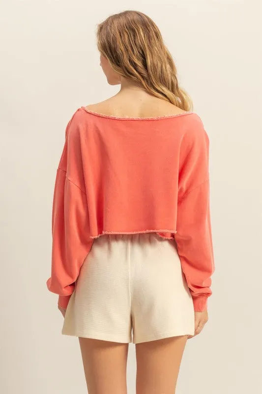 HYFVE Frayed Detail Boat Neck Long Sleeve Crop Top In Burnt Coral