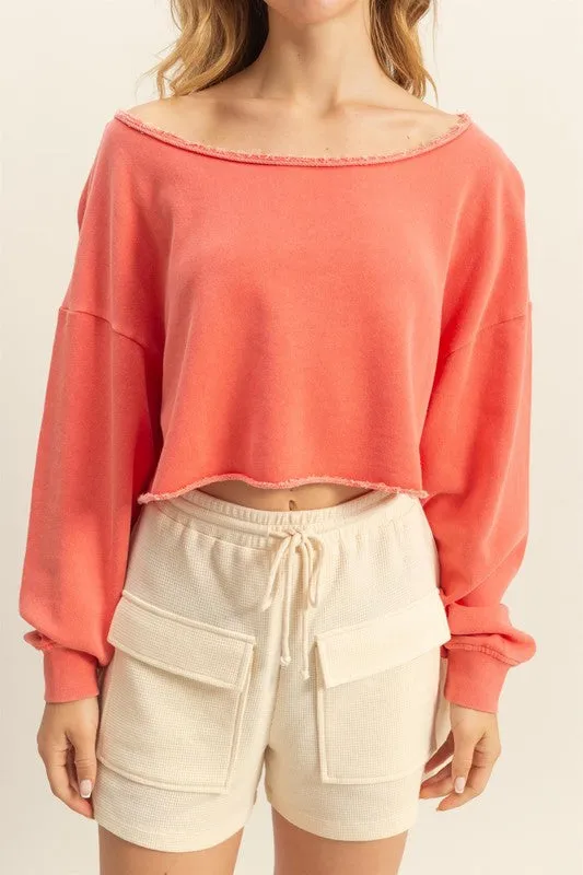 HYFVE Frayed Detail Boat Neck Long Sleeve Crop Top In Burnt Coral