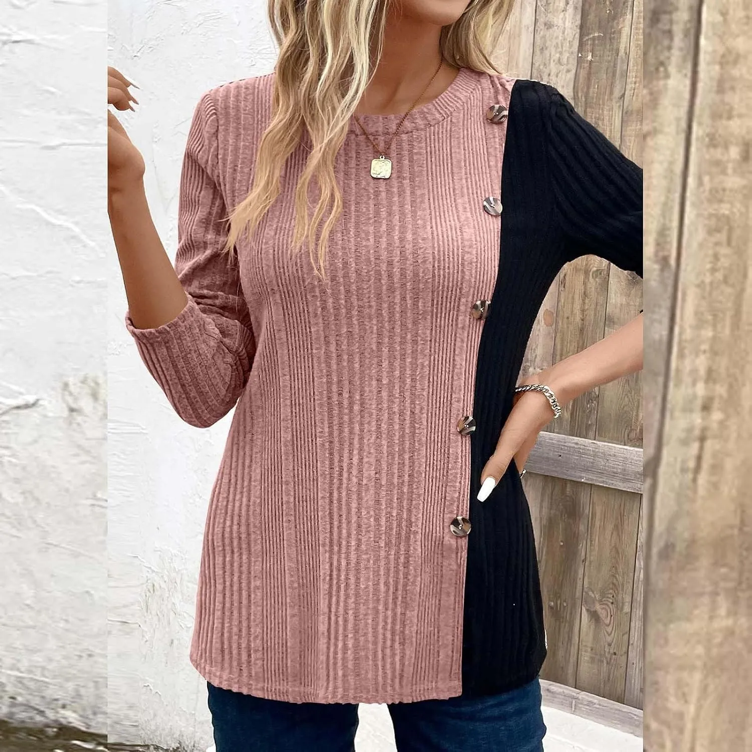 jovati Women's Casual Round Neck Tops Fashion Versatile Color Block Knit Sweater Loose Comfy Solid Long Sleeve Pullover