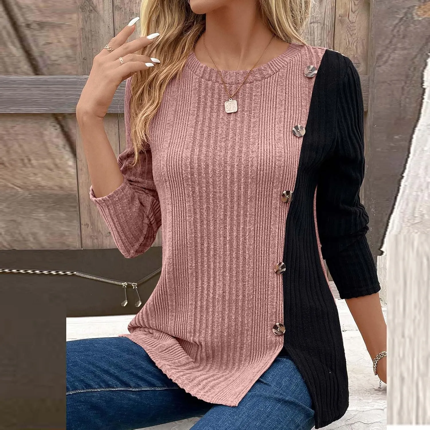 jovati Women's Casual Round Neck Tops Fashion Versatile Color Block Knit Sweater Loose Comfy Solid Long Sleeve Pullover