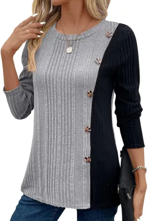 jovati Women's Casual Round Neck Tops Fashion Versatile Color Block Knit Sweater Loose Comfy Solid Long Sleeve Pullover