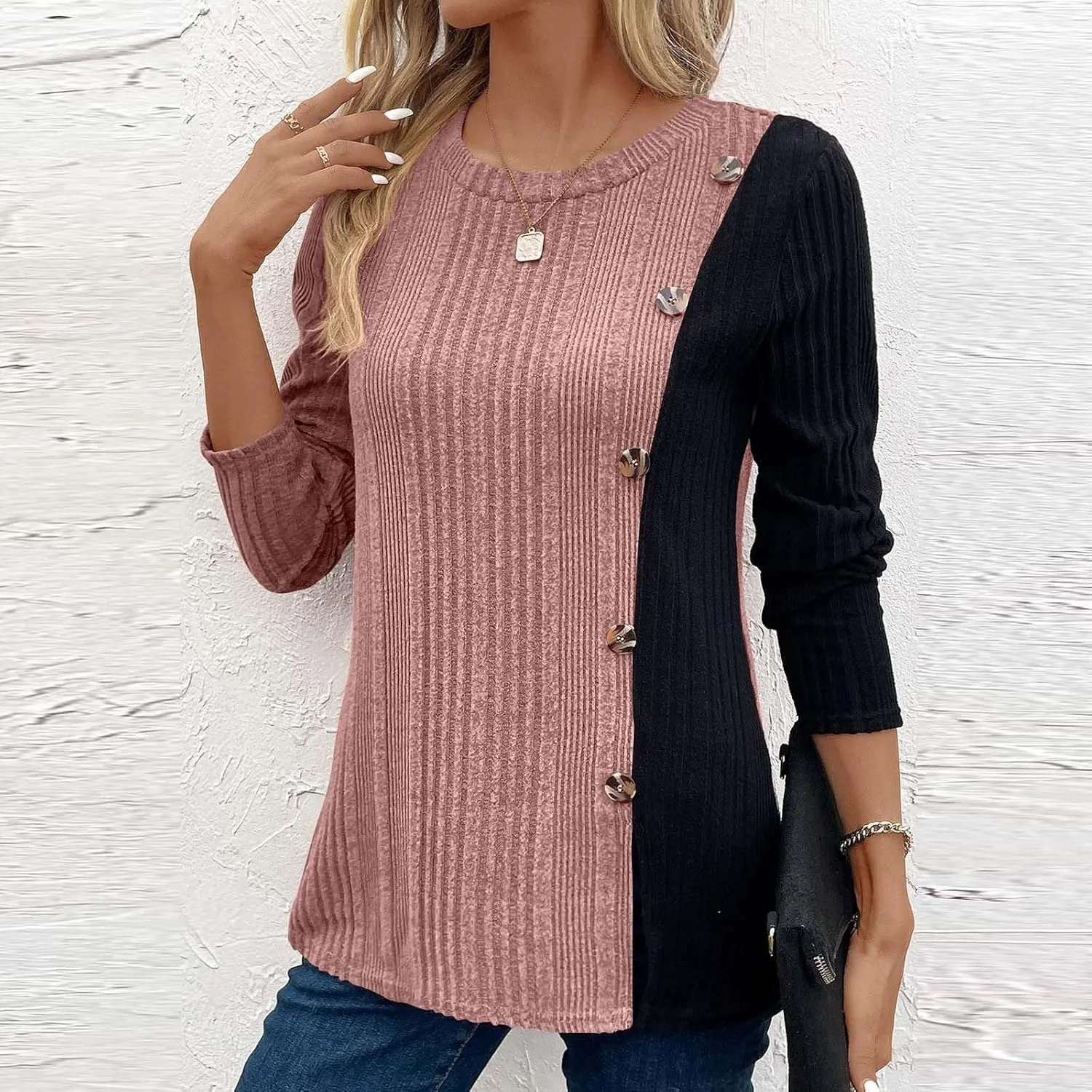 jovati Women's Casual Round Neck Tops Fashion Versatile Color Block Knit Sweater Loose Comfy Solid Long Sleeve Pullover